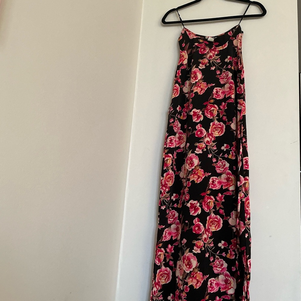 All That Jazz Black Floral Maxi Dress Pink Rose Print Flowy Sleeveless